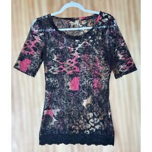 Fairy Grunge Sheer Lace Mesh Top Floral Burnout BKE Sz S Black Pink Goth Glam